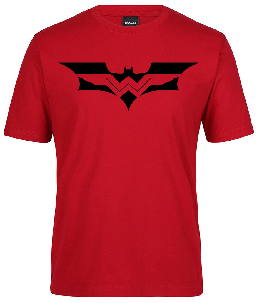 The Batman - Wonder Woman Logo Shirt by Corsa Clothing is a red t-shirt featuring a bold black and red logo that blends the iconic Batman and Wonder Woman symbols across the chest.
