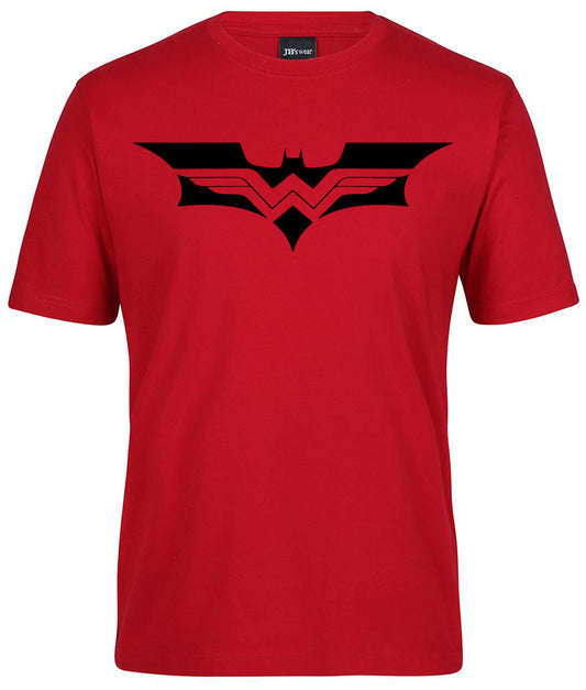 The Batman - Wonder Woman Logo Shirt by Corsa Clothing is a red t-shirt featuring a bold black and red logo that blends the iconic Batman and Wonder Woman symbols across the chest.