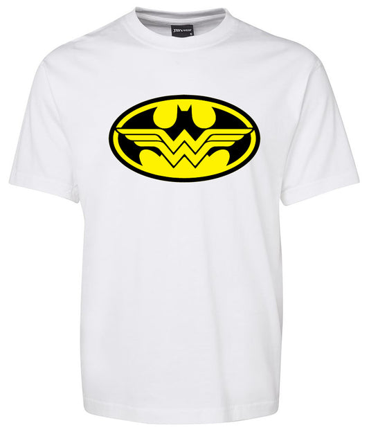 The Corsa Clothing Yellow Batman - Wonder Woman Logo Shirt is a white tee with a bold yellow and black chest emblem blending the two iconic superhero symbols.