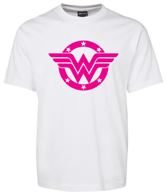 The Corsa Clothing Wonder Woman Shirt is a white tee with a large pink W with wings, set inside a circle of stars on the chest.