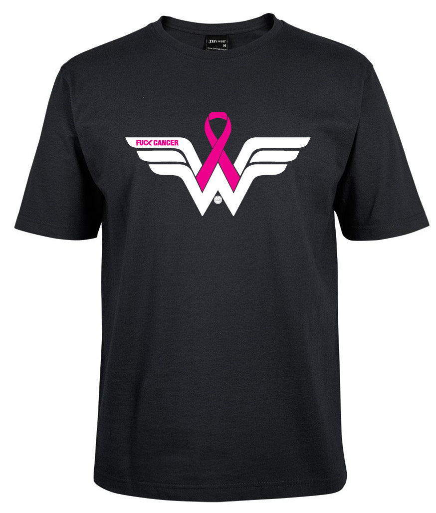 The Wonder Woman Breast Cancer Awareness Pink Ribbon Shirt by Corsa Clothing features a white stylized "W" with wings, a pink ribbon in the center, and "FUCK CANCER" in white and pink above the left wing.