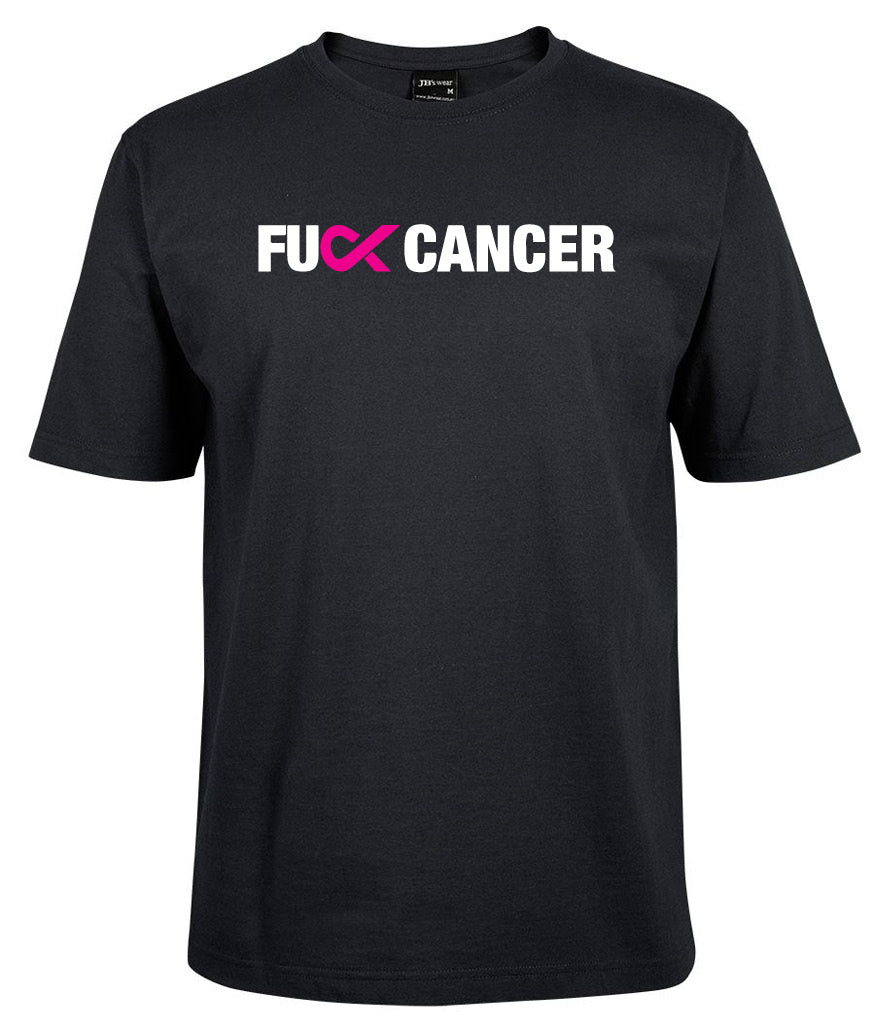 The FU Cancer Shirt by Corsa Clothing is a black tee featuring "F*CK CANCER" in bold white letters, with the "U" replaced by a pink cancer awareness ribbon on the chest.