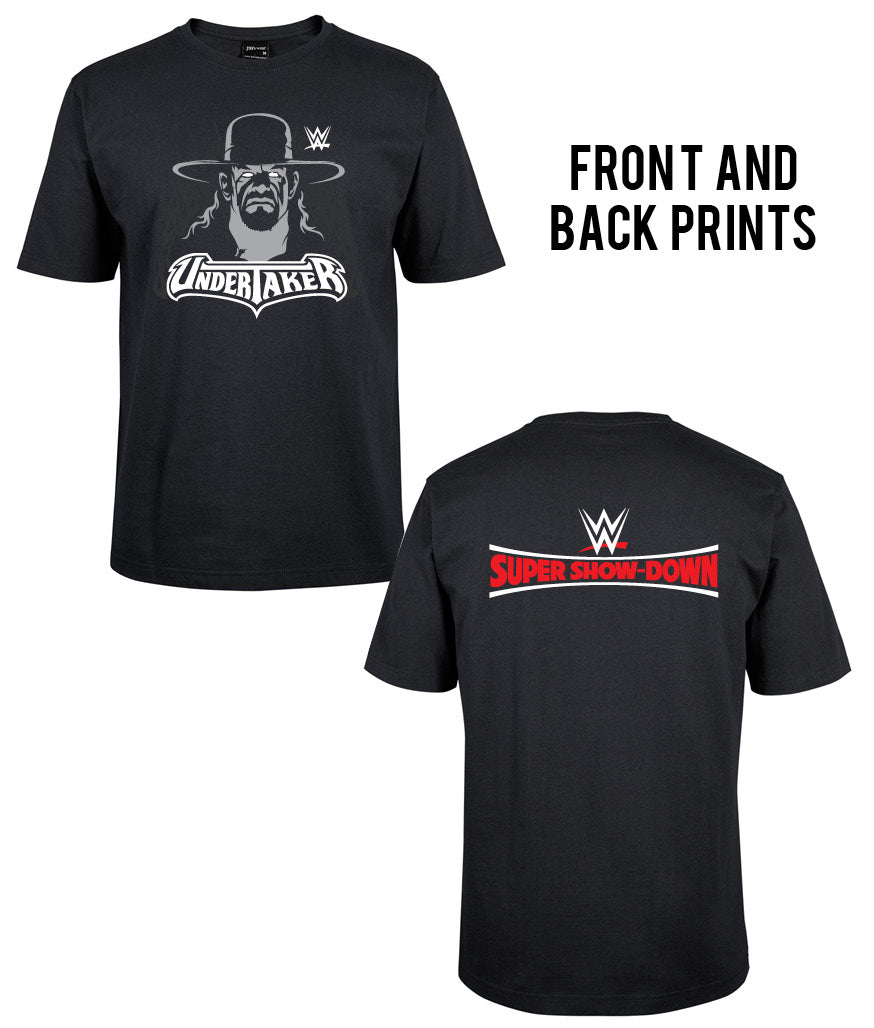 The Corsa Clothing UnderTacker ww Shirt features front and back prints: a wrestler in a hat with "Undertaker" on the front, and "Super Show-Down" plus the WWE logo on the back.