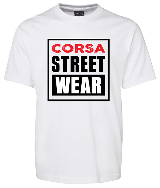 The CORSA Street Wear Shirt by Corsa Clothing is a white tee with a bold front graphic: "CORSA" in red and "STREET WEAR" in black, both in large capital letters within a rectangular border.