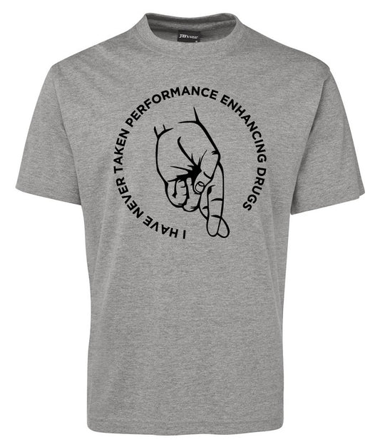 The Corsa Clothing Promise Symbol Shirt is a gray tee with a hand pointing outward, encircled by the phrase "I HAVE NEVER TAKEN PERFORMANCE ENHANCING DRUGS" in a bold, circular design.
