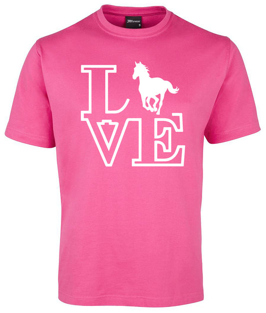 The Corsa Clothing Love Hourse Shirt is a pink tee featuring "LOVE" in white, with the letter O replaced by a horse silhouette.
