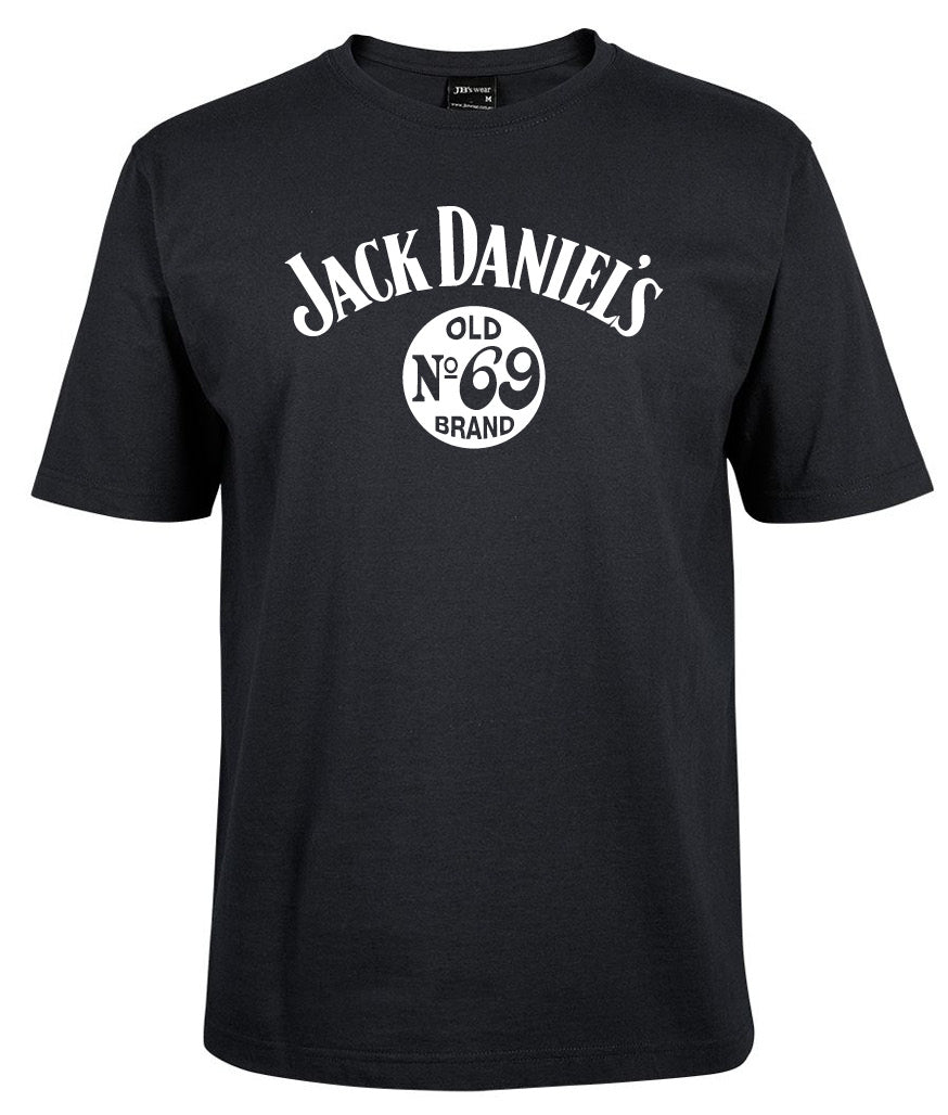 The Jack Daniel's NO.69 Shirt by Corsa Clothing is a black tee featuring bold white "Jack Daniels" lettering and an "Old No. 69 Brand" circular design on the front.