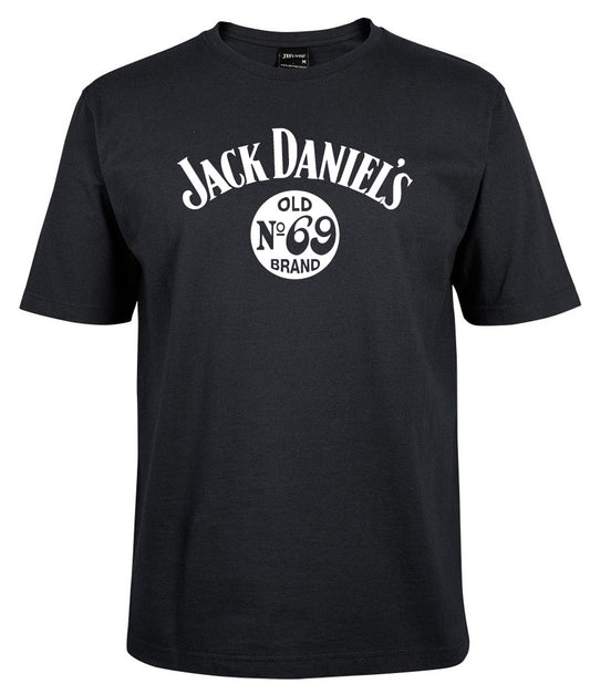 The Jack Daniel's NO.69 Shirt by Corsa Clothing is a black tee featuring bold white "Jack Daniels" lettering and an "Old No. 69 Brand" circular design on the front.