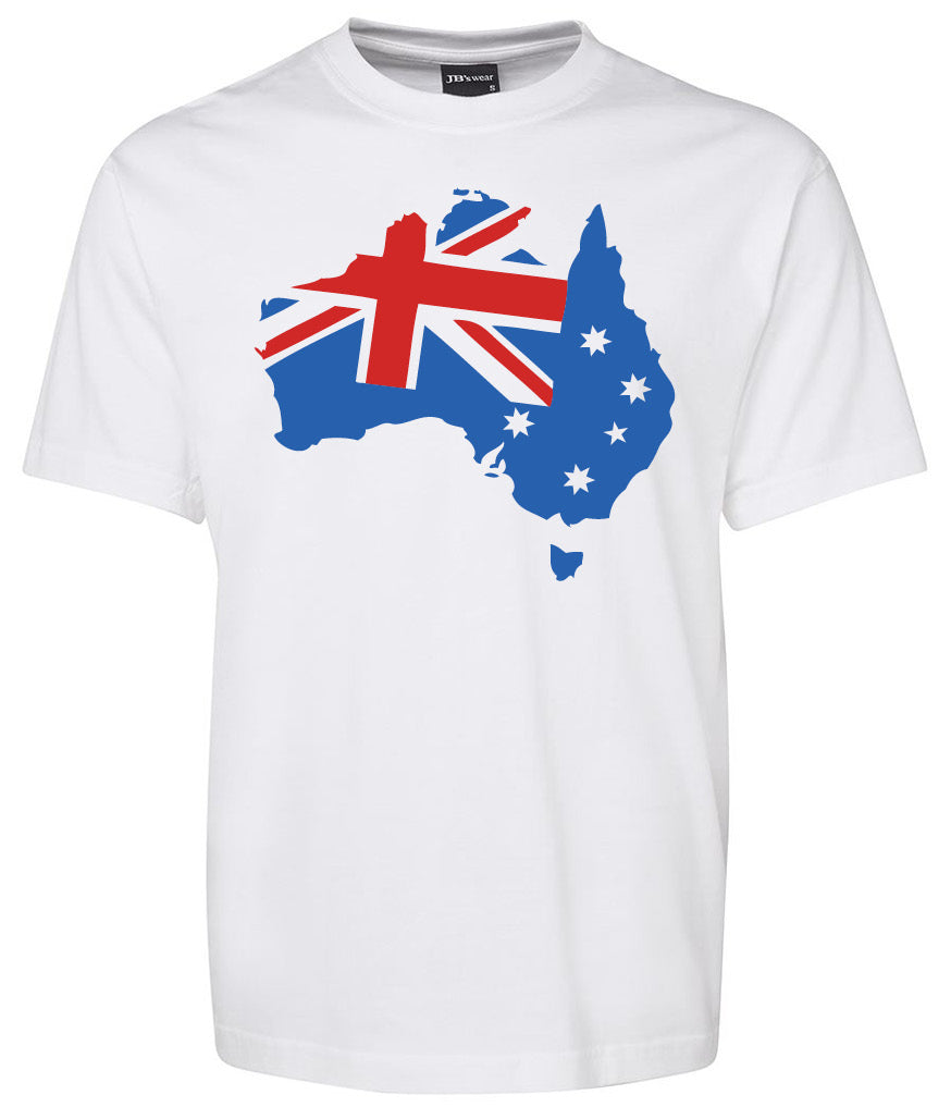 The Australia Map Print Shirt by Corsa Clothing features a white tee with a graphic of Australia’s map filled with the Australian flag, Union Jack, and white stars on a blue background.