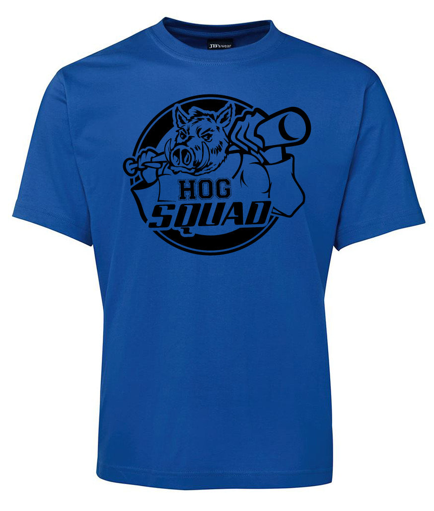 The Corsa Clothing lHog Squad Pig Shirt is a royal blue tee featuring a black graphic of a muscular hog lifting a barbell, with "HOG SQUAD" boldly printed below.
