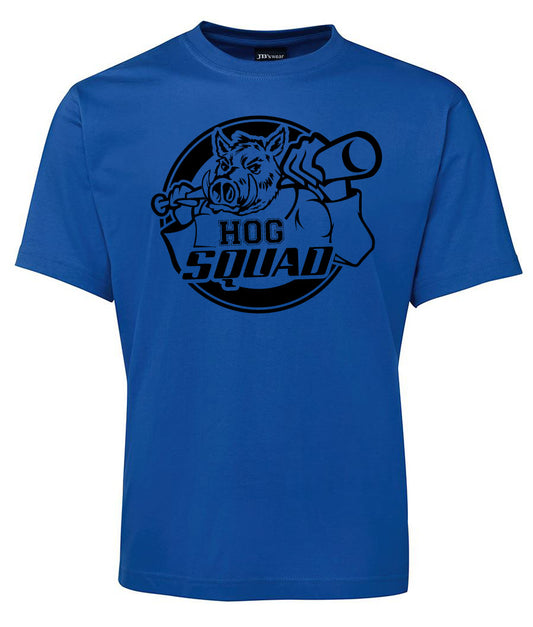 The Corsa Clothing lHog Squad Pig Shirt is a royal blue tee featuring a black graphic of a muscular hog lifting a barbell, with "HOG SQUAD" boldly printed below.