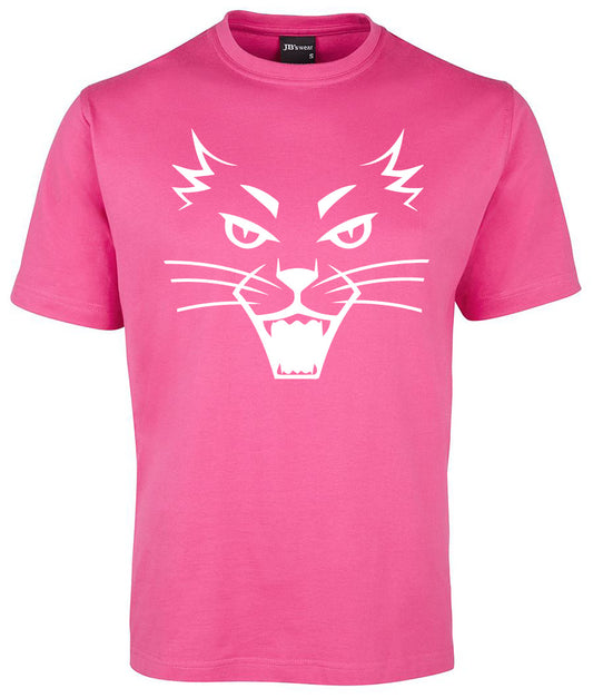The Cat Shirt by Corsa Clothing is a bright pink tee with a bold white graphic of an angry cat’s face—sharp eyes, pointed ears, and open mouth—printed on the front.