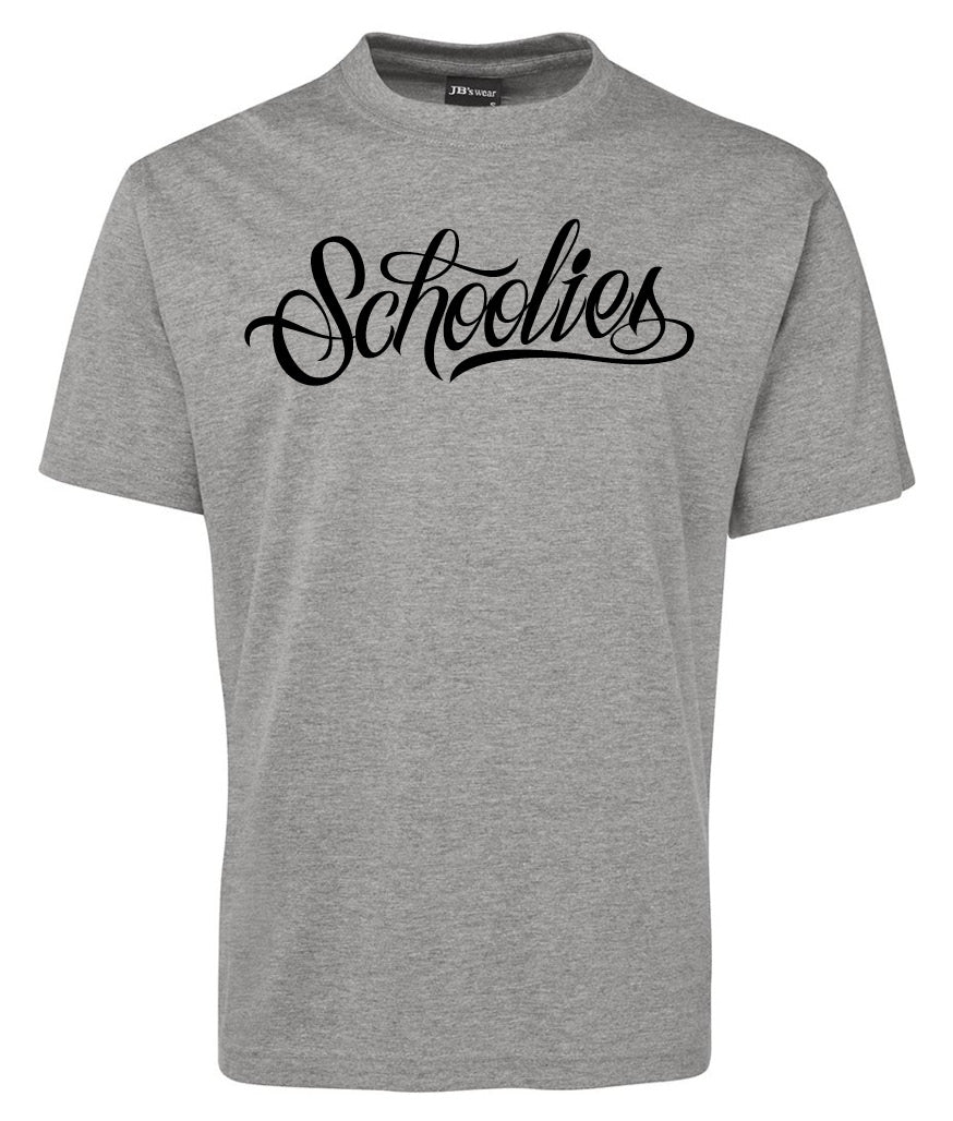The Schoolies Shirt by Corsa Clothing is a gray short-sleeve tee featuring "Schoolies" in bold black cursive across the chest.