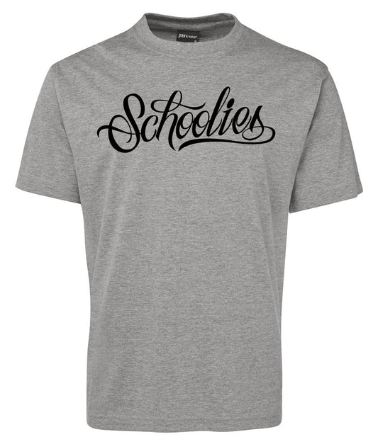 The Schoolies Shirt by Corsa Clothing is a gray short-sleeve tee featuring "Schoolies" in bold black cursive across the chest.