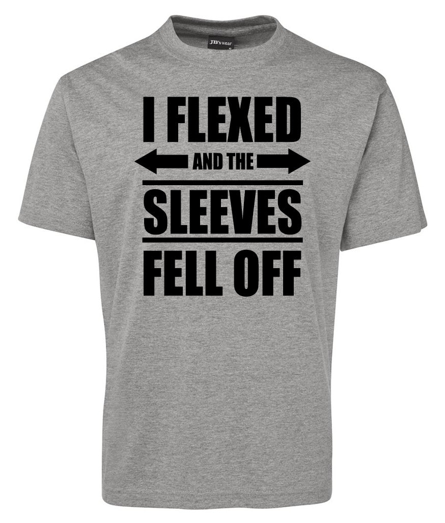 The Corsa Clothing "I FLEXED SLEEVES FELL OFF" Shirt is a grey short-sleeve tee with bold black text and arrows above and below "AND THE.