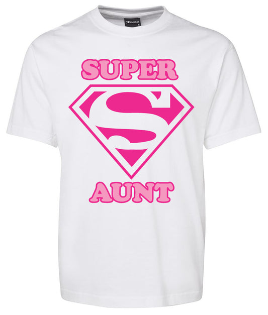 The Super aunt Shirt by Corsa Clothing is a white tee featuring a large pink S in a diamond emblem, with "SUPER" above and "AUNT" below in pink, resembling the Superman logo.