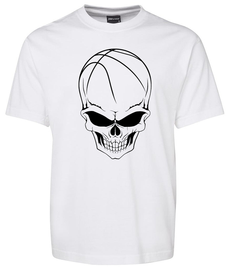 The Basketball Skull Shirt by Corsa Clothing is a white tee featuring a black skull graphic with the top of the skull designed to resemble a basketball.