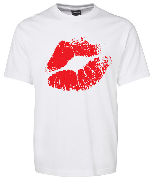The Red Lips Mark Shirt by Corsa Clothing features a white design with a bold red lip print graphic at the center front.