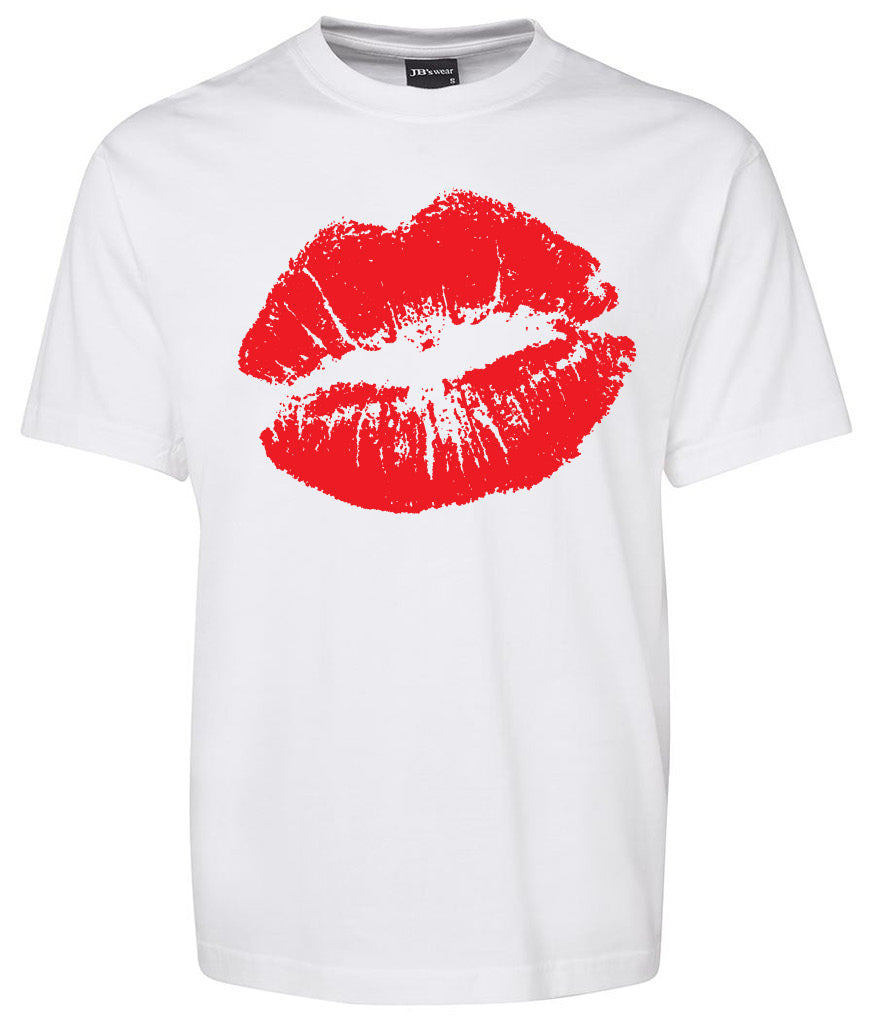 The Corsa Clothing Red Lips Mark Shirt is a white tee with a bold red lipstick kiss print graphic on the front.
