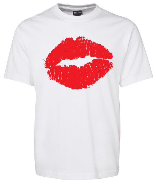 The Corsa Clothing Red Lips Mark Shirt is a white tee with a bold red lipstick kiss print graphic centered on the chest.