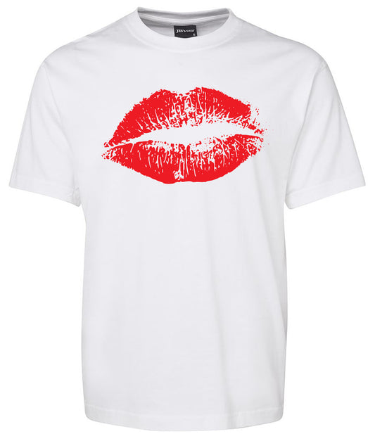The Corsa Clothing Red Lips Mark Shirt features a bold red lipstick kiss print graphic centered on a white t-shirt.