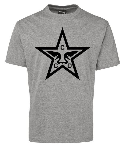 The Corsa Clothing CCD Star Logo Shirt is a gray tee with a bold black star, mirrored dinosaur silhouettes inside, and the letters C and D on the star’s arms and base.