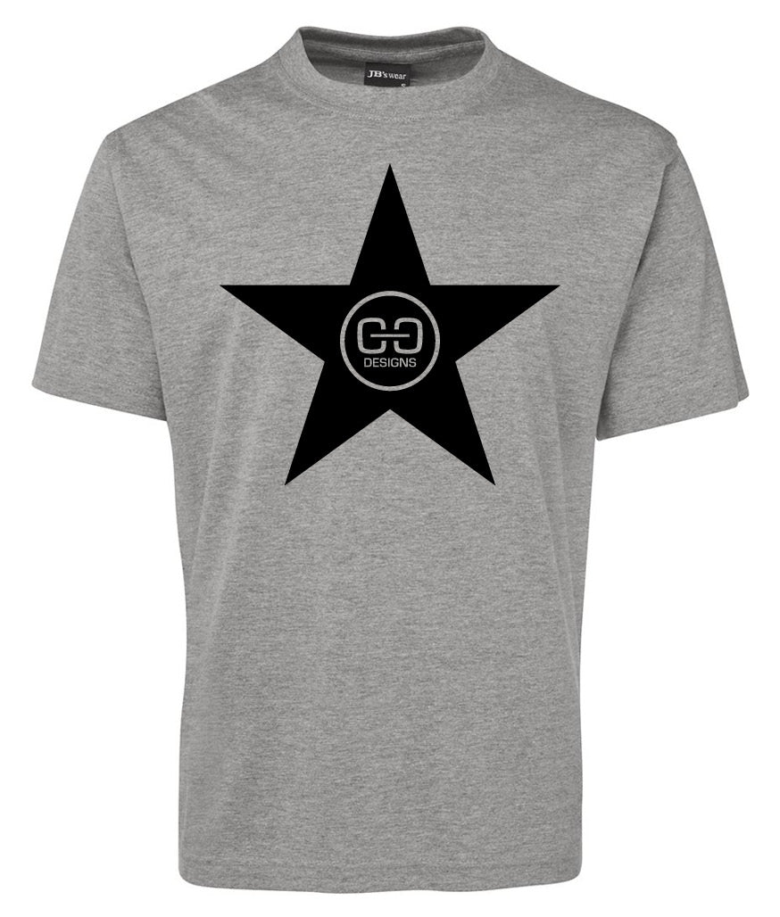The Corsa Clothing Star logo Shirt by Corsa Clothing is a gray tee with a bold black star on the front and a white circular GG Designs logo centered inside the star.