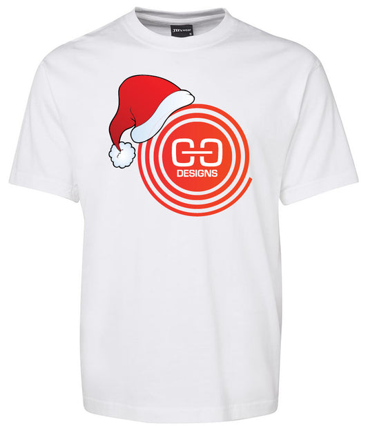 The Corsa Clothing Logo - Santa Hat Shirt by Corsa Clothing features a white tee with a red circular logo and a festive red-and-white Santa hat on the upper left of the design.