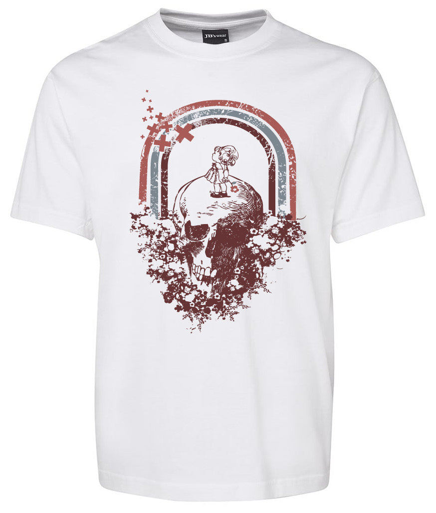 The Vintage Style Skull Rainbow Shirt by Corsa Clothing is a white tee featuring a large skull graphic with a child on top, surrounded by a distressed rainbow and abstract red and gray splatters.