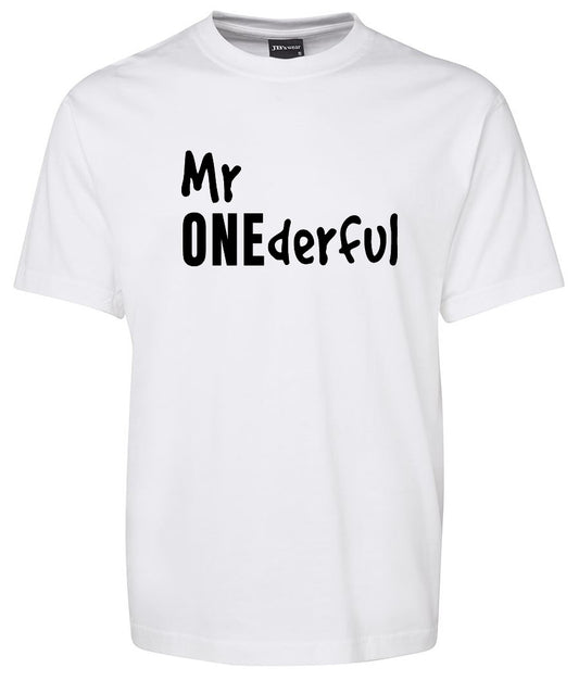 The Mr OneDerful Shirt by Corsa Clothing is a white tee featuring "Mr ONEderful" printed in black, with "ONE" highlighted in uppercase.