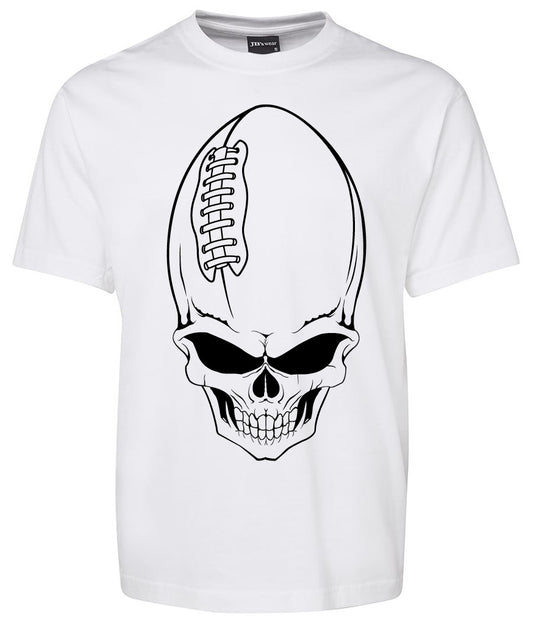 The Gilbert Skull Shirt by Corsa Clothing is a white tee with a black outlined skull graphic, its head shaped like a football with stitching details.
