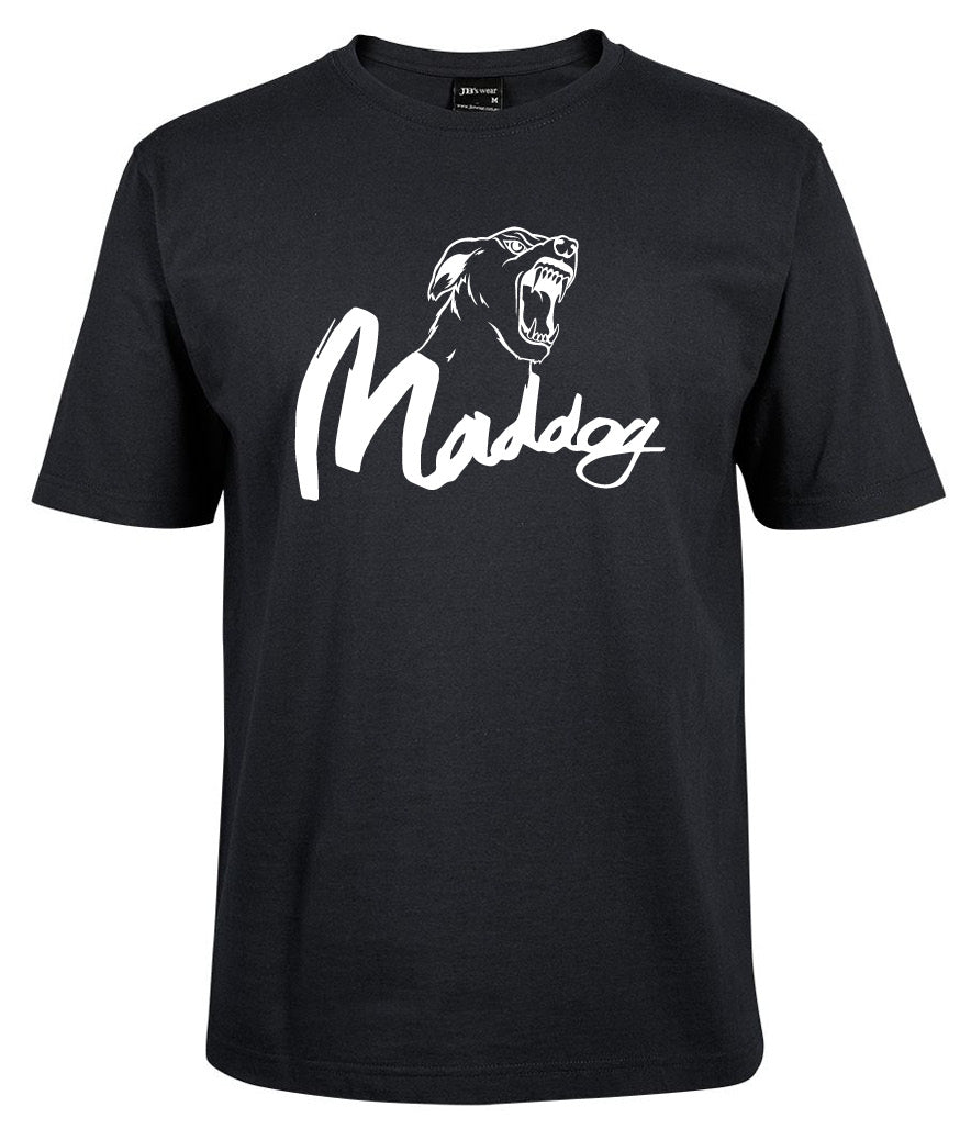 The Corsa Clothing Mad Dog Shirt is a black tee with a bold white roaring dog’s head graphic above “Maddog” in stylized script across the chest.