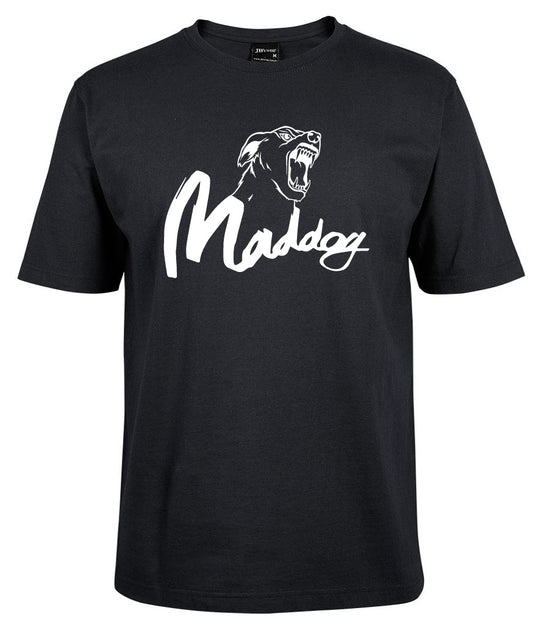 The Corsa Clothing Mad Dog Shirt is a black tee with a bold white roaring dog’s head graphic above “Maddog” in stylized script across the chest.
