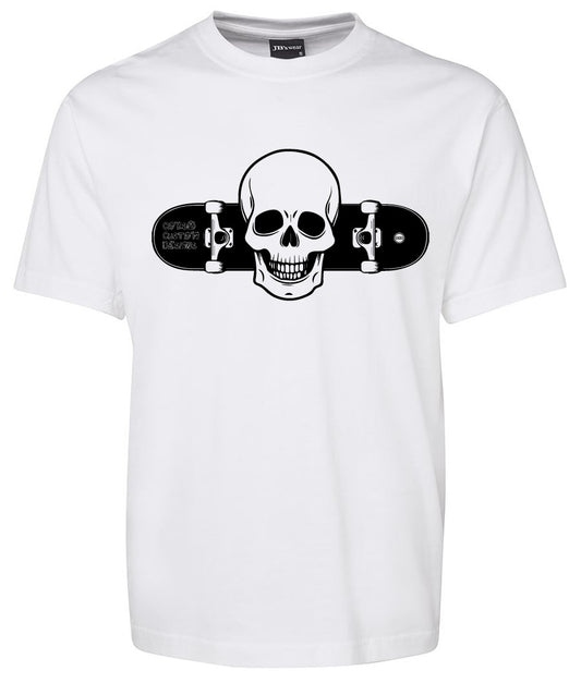 The Stake - Skull Shirt by Corsa Clothing is a white tee with a black skateboard graphic running through a skull’s mouth.
