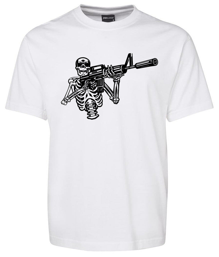 The Corsa Clothing Grunge Skull Coat of arms Shirt is a white tee with a black skeleton graphic aiming a rifle on the chest.