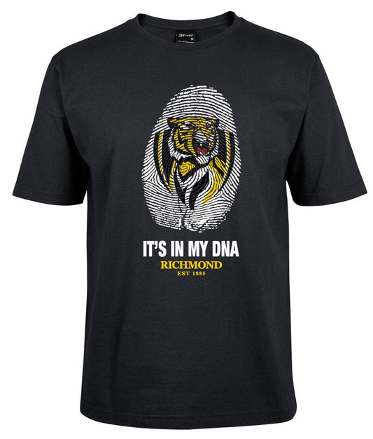 The "it's in my DNA tiger Shirt" by Corsa Clothing is a black tee with a fingerprint and yellow-black tiger head design, plus “ITS IN MY DNA” and “RICHMOND EST 1885” printed below in yellow and white.