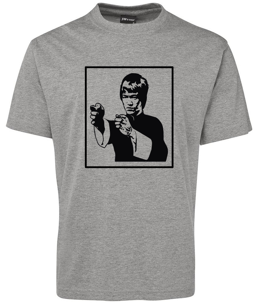 The Bruce Lee Shirt by Corsa Clothing is a gray tee with a black graphic of a martial artist in fighting stance, framed by a square on the chest.