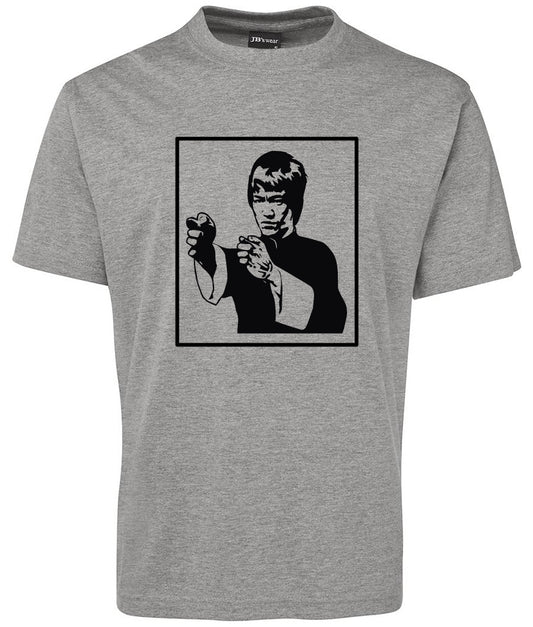 The Bruce Lee Shirt by Corsa Clothing is a gray tee with a black graphic of a martial artist in fighting stance, framed by a square on the chest.