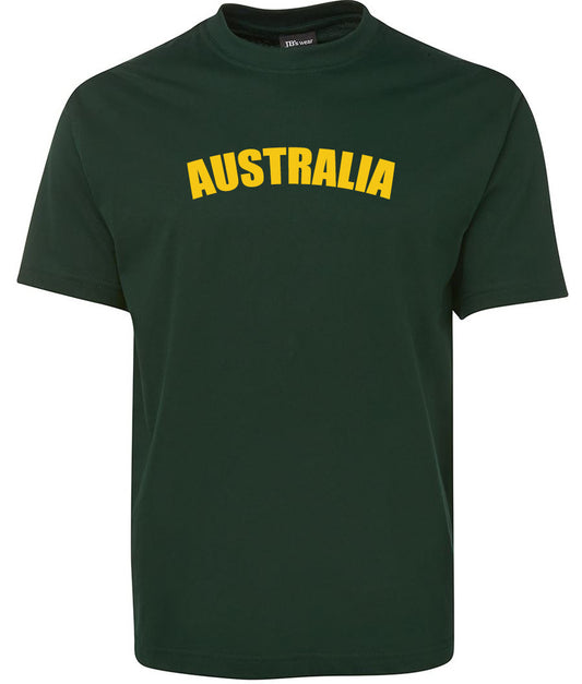 The Australia Shirt by Corsa Clothing is a dark green tee featuring "AUSTRALIA" printed in bold yellow uppercase letters across the chest.