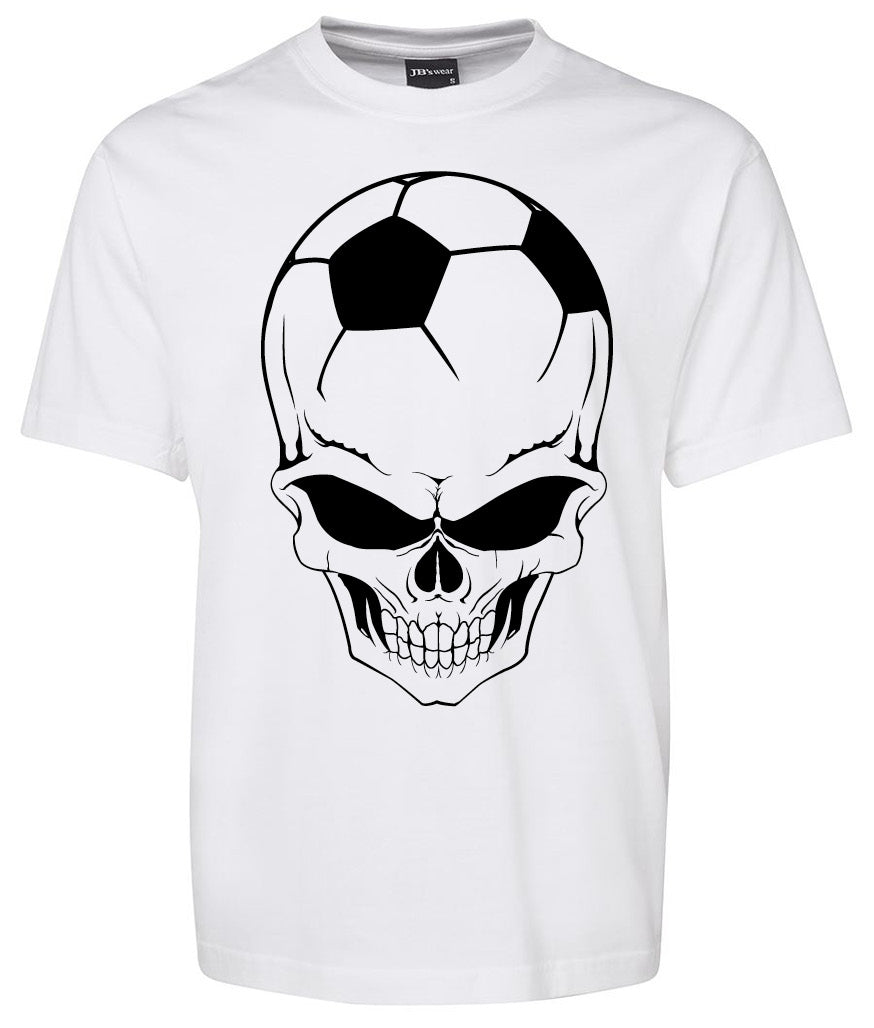 The Corsa Clothing Football Skull Shirt is a white tee with a bold graphic of a skull, whose top is designed to look like a black and white soccer ball.