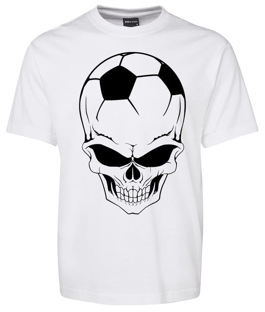 The Corsa Clothing Football Skull Shirt is a white tee with a bold graphic of a skull, whose top is designed to look like a black and white soccer ball.