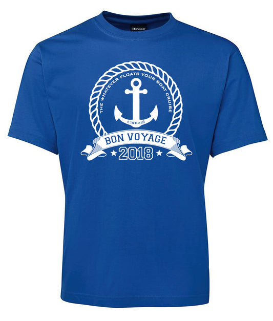 The Bon Voyage 2018 Shirt by Corsa Clothing is royal blue with a white anchor inside a rope circle, “WHATEVER FLOATS YOUR BOAT CRUISE” above, “BON VOYAGE 2018” below, and a small Carnival logo.