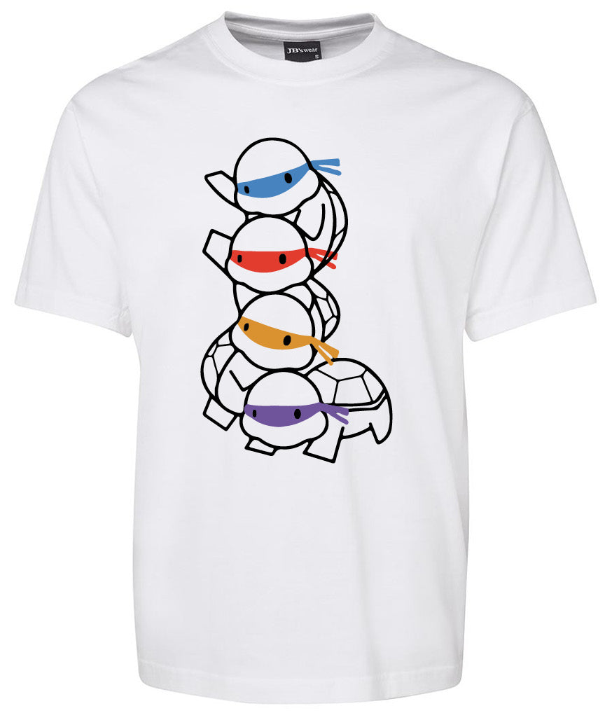 The Teenage Mutant Ninja Shirt by Corsa Clothing is a white tee with a cartoon of four stacked ninja turtles, each wearing a blue, red, orange, or purple mask.