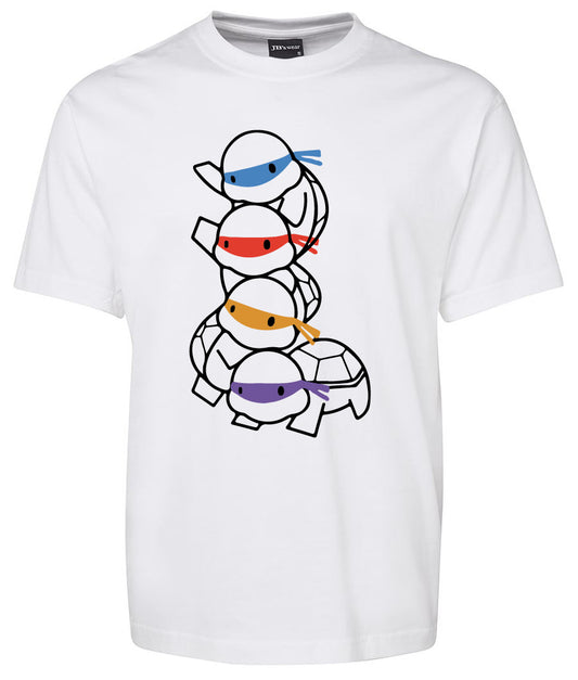 The Teenage Mutant Ninja Shirt by Corsa Clothing is a white tee with a cartoon of four stacked ninja turtles, each wearing a blue, red, orange, or purple mask.