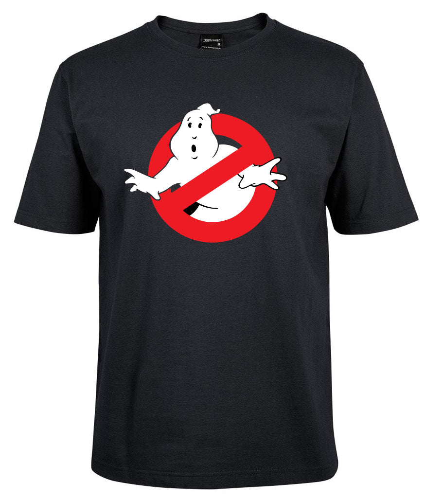 The Ghostbusters Logo Shirt by Corsa Clothing is a black tee featuring the iconic white cartoon ghost with a surprised face behind a red no symbol.