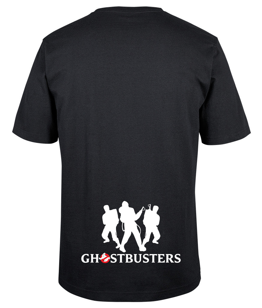 The Corsa Clothing Ghostbusters Shirt features white silhouettes of three people with proton packs above "GHOSTBUSTERS" on the front and the red no-ghost logo on the lower back.