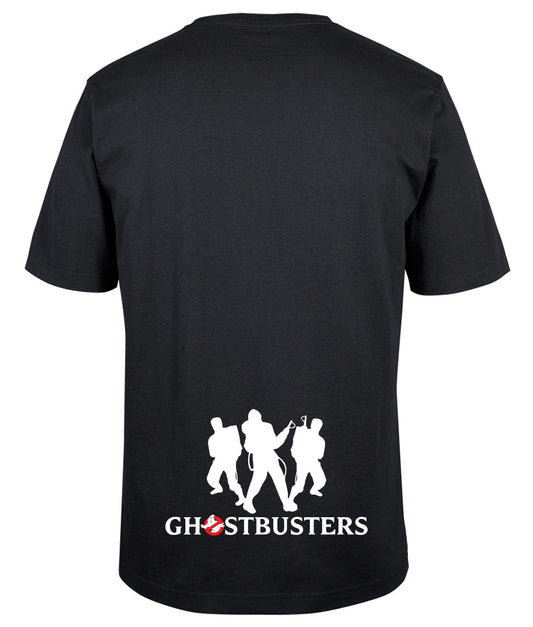 The Corsa Clothing Ghostbusters Shirt features white silhouettes of three people with proton packs above "GHOSTBUSTERS" on the front and the red no-ghost logo on the lower back.