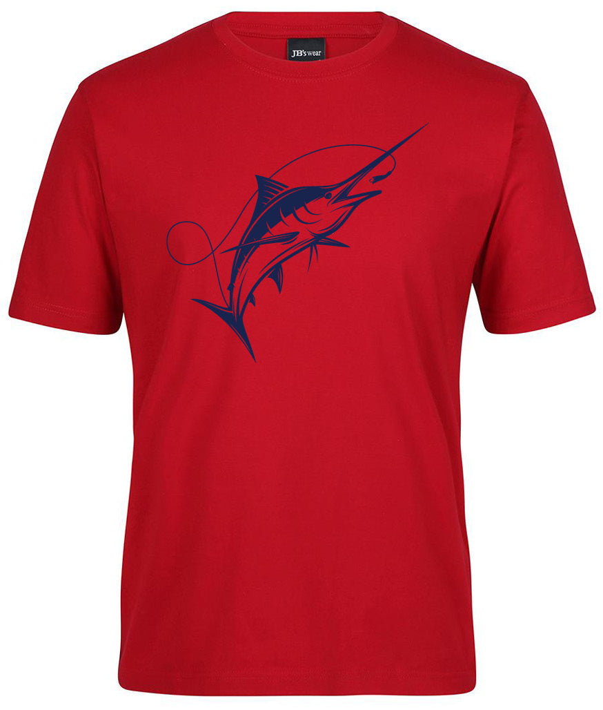 The Corsa Clothing Fishing Shirt is a red short-sleeve tee with a bold dark blue marlin line art design on the front.