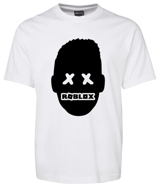 The Corsa Clothing ROBLOX Shirt is a white tee with a black head silhouette featuring Xs for eyes and "Roblox" over the mouth.