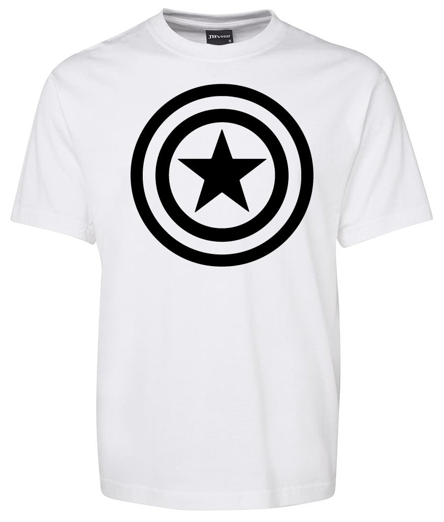 The Captain America Shield Shirt by Corsa Clothing is a white tee featuring a black circular emblem with a five-pointed star in the center, surrounded by two concentric black rings.